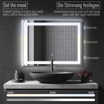 Aquamarin® Miroir Salle de Bain LED - 80 x 60 cm, CEE:A++, Tactile