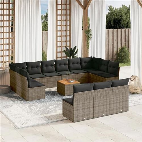 VIDAXL Salon de jardin avec coussins 14 pcs gris resine tressee