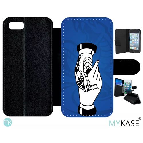 Etui My-Kase pour iPhone Se 2020 - main morsure serpent fond bleu electrique - Simili-cuir Noir