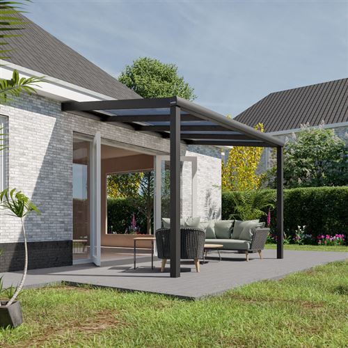 Pratt & Söhne Auvent de terrasse en aluminium 406x258x285cm - Pavillon avec plaques en polycarbonate Transparent - Pergola - Gris