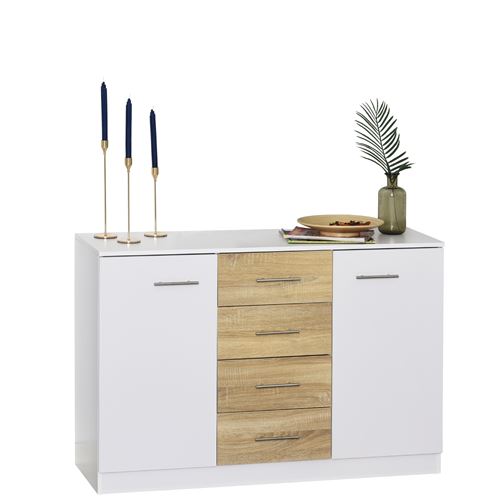 Buffet commode meuble de rangement 4 tiroirs coulissants 2 placards avec étagère blanc chêne clair