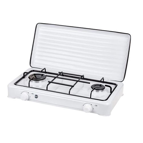 MPM SML-KN-02/1K Cuisinière à gaz portable pour le camping, réchaud portable, 2 brûleurs réglable Blanco