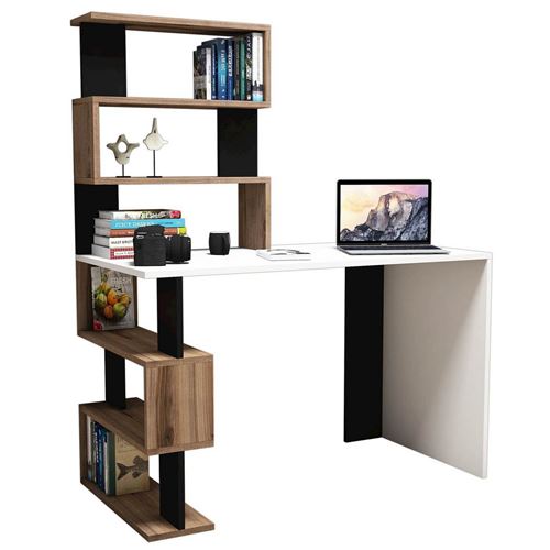 HOMEMANIA Snap Tafel- met Geïntegreerde boekenplank, planken - Studie, Slaapkamer - Wit, walnoot, zwart in hout, PVC, 120 x 60 x 148,2 cm