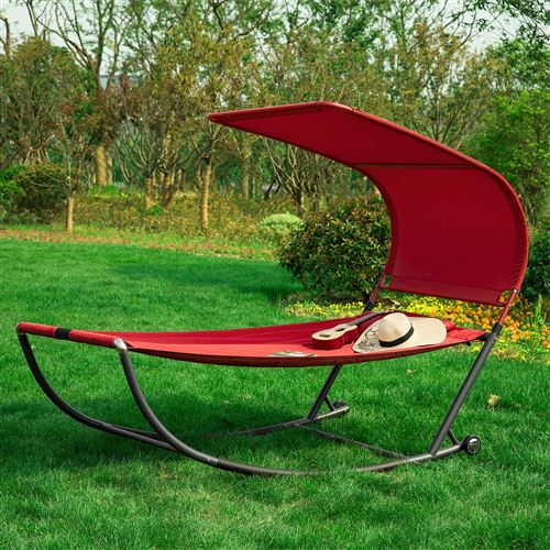 Transat de Jardin Transat à Bascule avec Pare-Soleil et 2 roulettes Chaise Longue à Bascule Bain de Soleil Confortable - Rouge OGS44-R SoBuy®