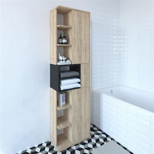 KUBE Colonne de salle bain L 50 cm - Decor chene naturel et noir mat