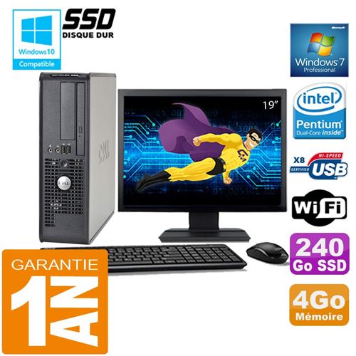 PC Dell 380 Sff Intel E5700 Ram 4Go Disque 240 Go SSD WiFi W7 Ecran 19'