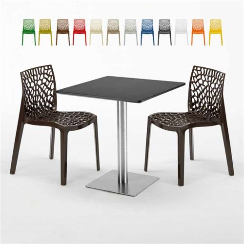 Table carrée noire 70x70 avec 2 chaises colorées Gruvyer Rum Raisin, Couleur: Marron
