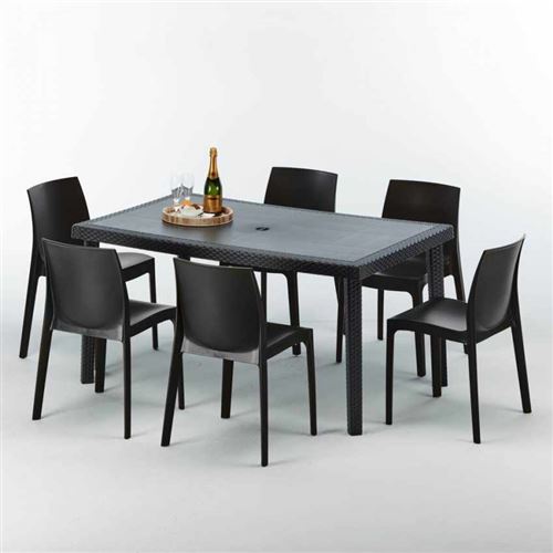 Grand Soleil - Table rectangulaire et 6 chaises Poly rotin colorées 150x90cm noir Enjoy, Chaises Modèle: Rome Anthracite noir