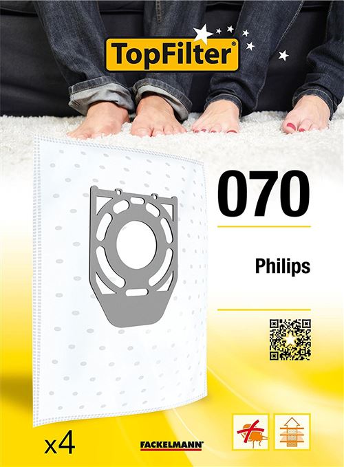 TopFilter 070, 4 sacs aspirateur pour Philips, boîte de sacs d'aspiration en non-tissé, 4 sacs à poussière (30 x 26 x 0,1 cm)