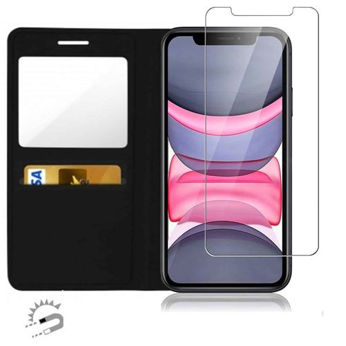 Etui Porte carte pour iPhone 11 avec Verre trempé - Noir