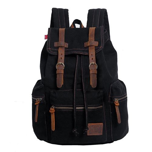 Sac à Dos en Toile et Cuir Unisexe,P.KU.VDSL Sac de Toile Multi-usages, Sac de l'école, Sac du voyage et de la randonnée (A - Noi