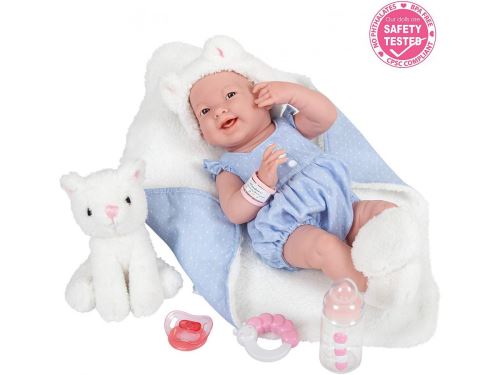 Berenguer - All-Vinyl La Newborn Doll in Blue Onesie/White Cat Theme. REAL GIRL!