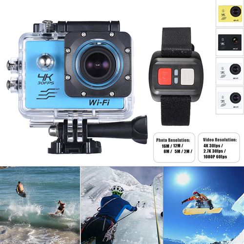 Action Caméra de Sport 4K LCD Wifi 2,0 4X Zoom Étanche 30M 170°Grand Angle avec Télécommande Bleu
