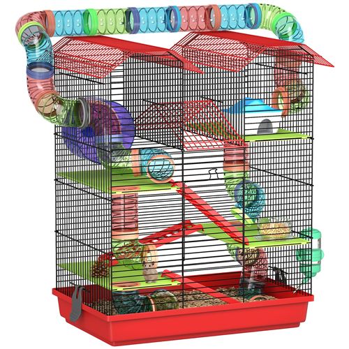 Comparer les prix de Cage pour hamster souris petits animaux rongeur avec tunnel mangeoire roue jouet 47 x 30 x 59 cm cm rouge