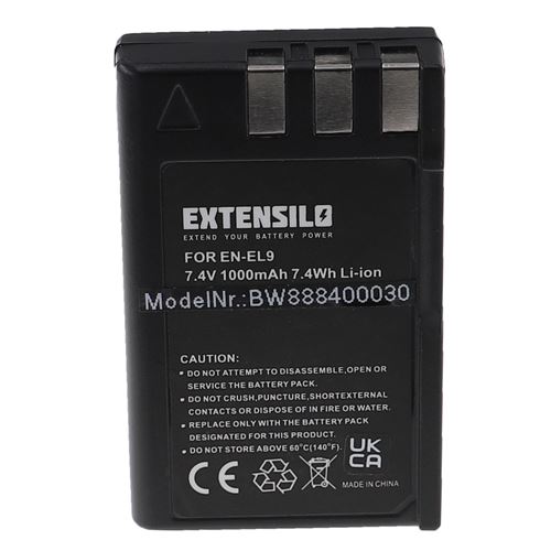 EXTENSILO Batterie compatible avec Nikon D40x DSLR, D40 SLR, D3000, D60 DSLR, D5000 appareil photo (1000mAh, 7,4V, Li-ion)