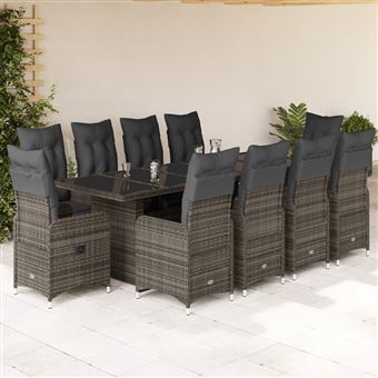 vidaXL Ensemble de bistro de jardin 11 pcs coussins gris poly rotin - 1