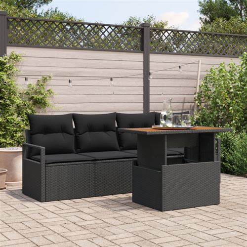 Non Communiqué Noir Canapé De Jardin 5 Pièces Avec Coussins En Poly Rotin Et Acacia, Canapé De Jardin 2 Places Avec Coussins En Poly Rotin Noi