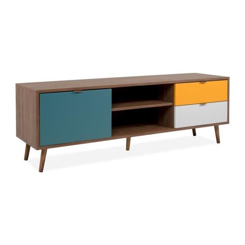 Meuble TV - Metal + bois massif - Noyer fonce - Style retro-vintage - L153 x P40 x H52 cm - CUBA