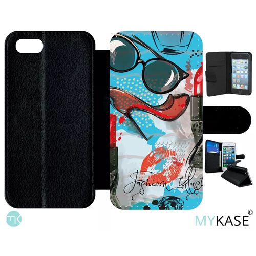 Etui My-Kase pour iPhone Se 2020 - motif girly fond bleu claire - Simili-cuir Noir