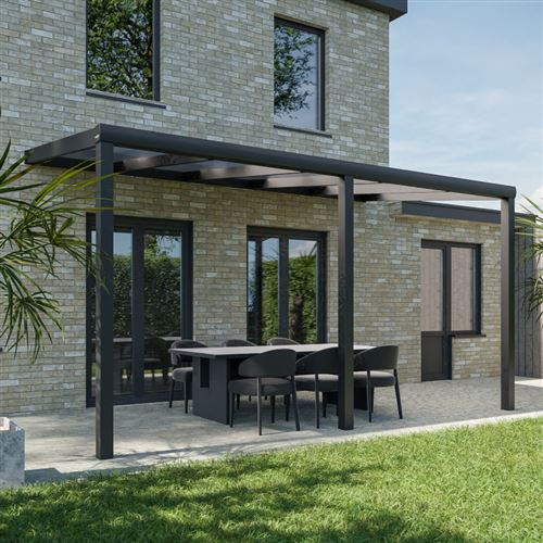 Pratt & Söhne Auvent de terrasse en aluminium 506x258x285cm - Pavillon avec plaques en polycarbonate Transparent - Pergola - Gris