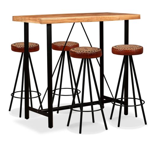 Ensemble de bar 5 pcs Bois d'acacia Cuir v&eacute;ritable et toile