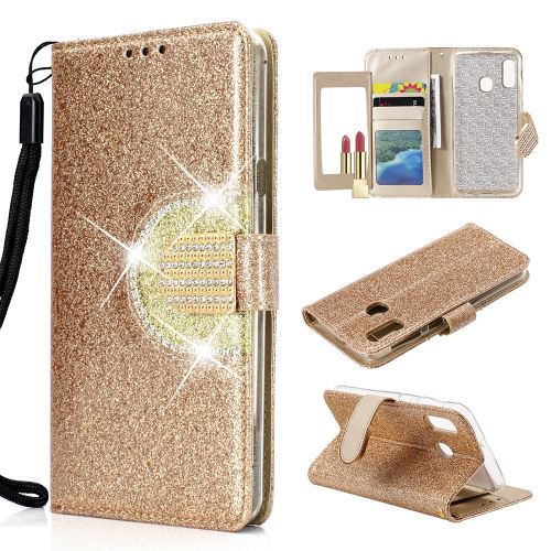 Etui en PU décoration strass scintillant avec miroir or pour votre Samsung Galaxy A20e