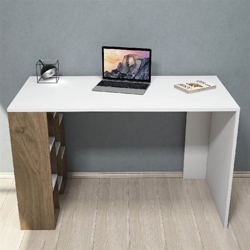 HOMEMANIA Bureau Inci avec Étagères - pour Bureau, Chambre - Noyer, Blanc en Bois, 120 x 60 x 75 cm