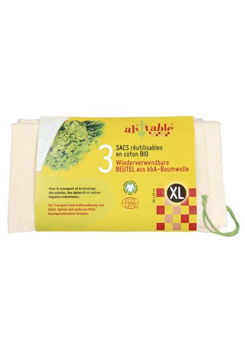 3 sacs réutilisables xl pour légumes volumineux, en coton bio