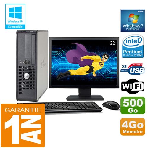 PC Dell 380 Sff Intel E5700 Ram 4Go Disque 500 Go WiFi W7 Ecran 22'
