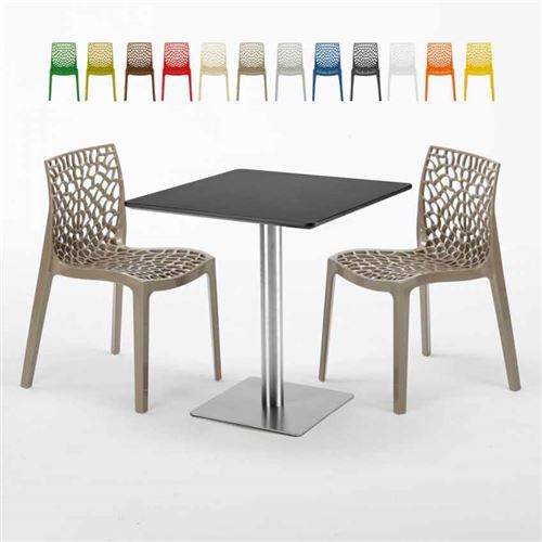 Table carrée noire 70x70 avec 2 chaises colorées Gruvyer Rum Raisin, Couleur: Beige Juta