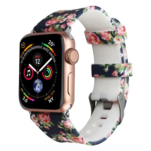 Bracelet Apple Watch 42 et 44 mm Motifs Fleuris en Silicone - Bleu nuit et Rose