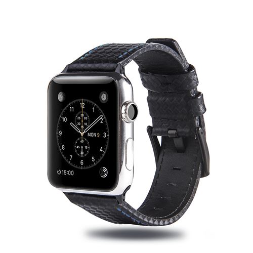 Bracelet en cuir véritable en fibre de carbone noir/bleu pour votre Apple Watch Series 4 44mm/Series 3 2 1 42mm