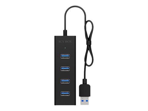 Icy Box hub1409 U3 4 voies de connexion de Hub USB (type A) avec 4 x ports USB 3.0 (type A), câble intégré (40 cm), aluminium, noir