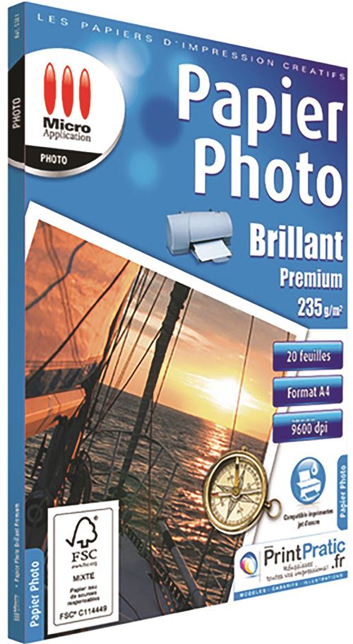 Micro Application Papier Photo BRILLANT PREMIUM - Brillant - blanc - A4 (210 x 297 mm) - 235 g/m² - 20 feuille(s) papier photo