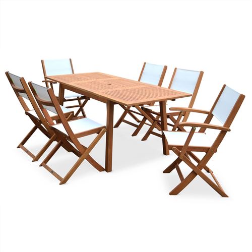 Sweeek Salon de jardin en bois extensible - Almeria - Table 120/180cm avec rallonge 2 fauteuils et 4 chaises en bois d'Eucalyptus huilé et textilène b