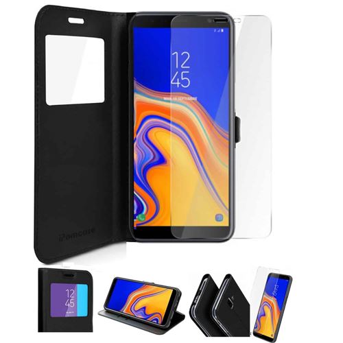 Etui de protection pour Samsung Galaxy J6 Plus (J6+) avec Protection d'écran en verre trempé - Noir