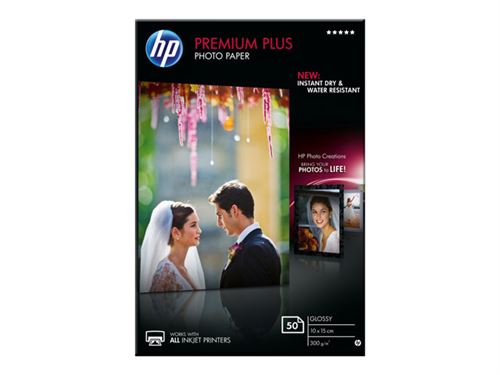 HP  Premium Plus Photo Paper - Brillant - 100 x 150 mm - 300 g/m&sup2; - 50 feuille(s) papier photo - pour ENVY 50XX, 7645; Officejet 52XX; PageWide MFP 377; Photosmart B110, Wireless B110 