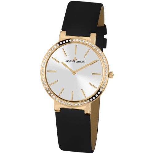 Montre JACQUES LEMANS en Cuir Noir et Cristal Blanc - 1.2015B