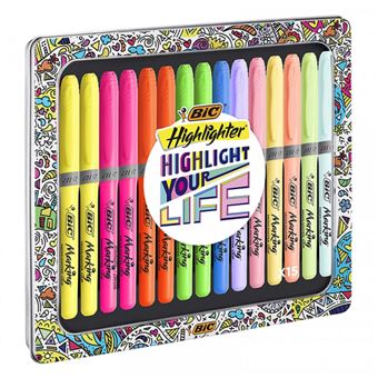 Boîte 15 feutres surligneurs - Couleurs intenses et pastel - Bic