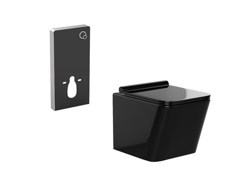 Pack WC suspendu en céramique noir brillant avec bâti-support décoratif - CLEMONA