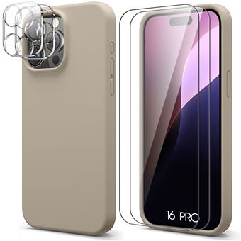 Coque pour iPhone 16 Pro - Silicone Liquide Beige + 2 Vitres Verre Trempé et 2 Protections Caméra Arrière - BOOLING - 1