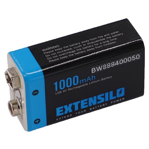 EXTENSILO Pile bloc batterie 9V pour divers appareils (1000mAh, 9V, Li-ion), prête à l emploi, avec port micro-USB