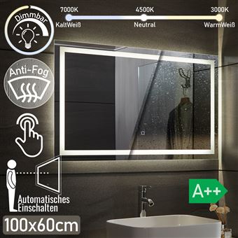 Aquamarin - Miroir de salle de bain LED avec horloge numérique - Dimmable -  Fonction anti-buée - Capteur tactile - 3 couleurs LED - Classe énergétique  A++ - 50 x 70 cm. 