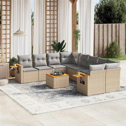 VIDAXL  salon de jardin avec coussins 9 pcs beige r&eacute;sine tress&eacute;e