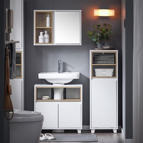 SoBuy BZR146-W Meuble Bas de Salle de Bain, Armoire de Rangement Salle de Bain, Meuble Demi-Colonne sur Pied, Placard WC Étroit avec 1 Panier à Linge