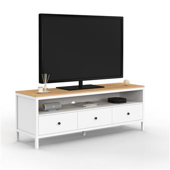 Meuble TV 140 cm ACHILLE 3 tiroirs blanc et plateau bois - 1