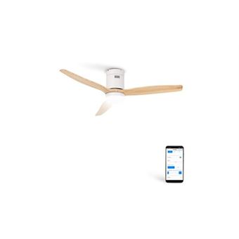 WIND CALM M - Ventilateur de plafond silencieux 40W avec pales techniques en ABS Ø132cm avec eclaraige sans wifi - Blanc / Effet bois clair - 1