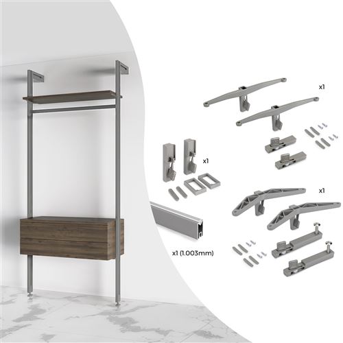 Non Communiqué Peint Gris Pierre Emuca Kit De Fixation Pour 1 Étagère En Bois, 1 Module Et 1 Tringle De Suspension Longueur 1M Zero, Zamak, Gris Pierre Peint - Image 1