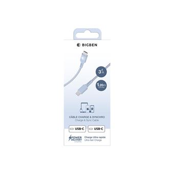 BIGBEN Connected - Câble USB - 24 pin USB-C (M) pour 24 pin USB-C (M) - 3 A - 1.2 m - USB Power Delivery (60W), plastique recyclé à 100 %, connecteurs réversibles - bleu