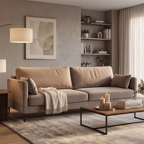 Canap&eacute; Velours droit Beige Splendido - 3 Places